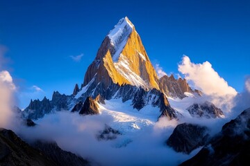 Poster - Sunset casting a golden glow on the jagged peaks of Monte Fitz Roy, with the surrounding landscape bathed in warm light
