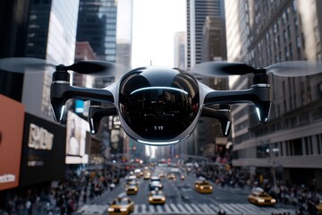 Poster - Thanksgiving parade in a futuristic city, with drones carrying floats and holographic displays in the air