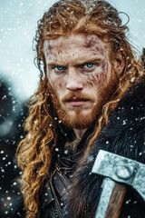 red-haired handsome Viking man with blue eyes, dressed in fur and leather , stands on the battlefield of an ancient battle. His hair is long and wavy. In his hands, he holds two axes. 