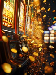 Aufkleber - Golden coins pour from a slot machine, filling the air with a sense of excitement and fortune in a lively casino. Generative AI