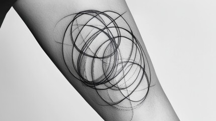 Aufkleber - Abstract black line tattoo of intertwined circles, sharply detailed against a smooth white background.
