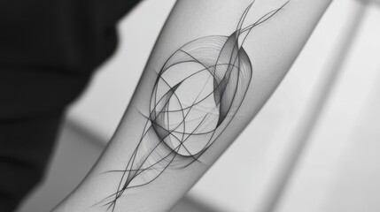 Aufkleber - Abstract black line tattoo of interwoven shapes, sharply defined on a bright white surface.