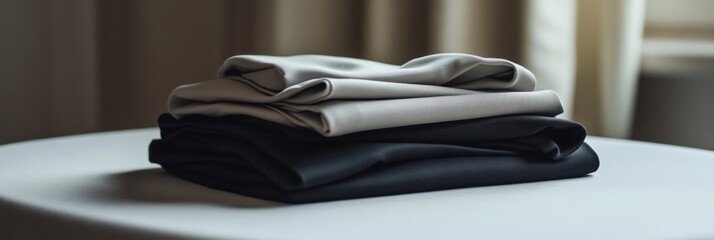 Aufkleber - A collection of neatly folded minimalist sportswear rests on a smooth table, showcasing a blend of functional and stylish athletic attire. Generative AI