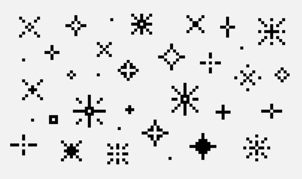 Pixel sparkling stars background. Pixel geometric star shape. Trendy modern retro 90s 8bit game style