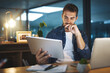 © peopleimages.com - Thinking, night and businessman on tablet in office for research project, online website and internet. Professional, company and person on digital tech working late for planning, solution and ideas