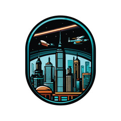 A futuristic cityscape with towering skyscrapers, spaceships flying overhead, and a vibrant color palette.