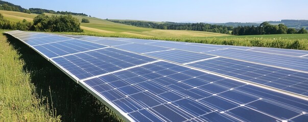 Solar panels in green landscape under blue sky