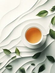 Poster - Delicate green leaves surround a pristine tea cup, evoking a sense of calm and harmony in a natural setting. Generative AI