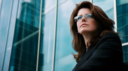 Poster - A confident woman in glasses stands in front of a modern building.