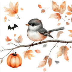 Wall Mural - A whimsical watercolor illustration of a bird perched on a branch with autumn leaves, accompanied by subtle Halloween elements like a small pumpkin or bat. The hand-painted design on a white