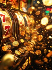 Fototapete - A cascade of golden coins bursts from a slot machine, filling the air with excitement as players anticipate their winnings in the casino. Generative AI