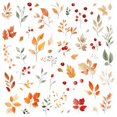 Wall Mural - A whimsical watercolor set featuring autumn leaves, clusters of red berries, and delicate fall flowers, designed in a sticker format. The cute illustrations on a white background are ideal for