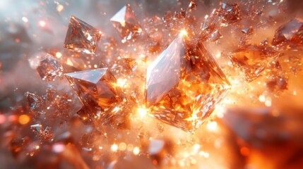 Poster - Amber crystals burst into a radiant explosion, surrounded by luminous particles that create a captivating, energetic atmosphere filled with color and light.