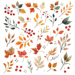 Wall Mural - A whimsical watercolor set featuring autumn leaves, clusters of red berries, and delicate fall flowers, designed in a sticker format. The cute illustrations on a white background are ideal for