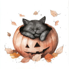 Wall Mural - A cute watercolor illustration of a sleepy black cat nestled inside a hollow pumpkin, surrounded by autumn leaves. The humorous hand-drawn design on a white background makes it ideal for cozy