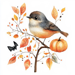 Wall Mural - A whimsical watercolor illustration of a bird perched on a branch with autumn leaves, accompanied by subtle Halloween elements like a small pumpkin or bat. The hand-painted design on a white