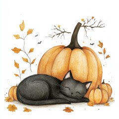 Wall Mural - A cute watercolor set featuring a black cat curled up beside a large pumpkin, with tiny pumpkins and autumn leaves scattered around. The hand-drawn illustrations on a white background create a cozy