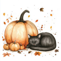 Wall Mural - A cute watercolor set featuring a black cat curled up beside a large pumpkin, with tiny pumpkins and autumn leaves scattered around. The hand-drawn illustrations on a white background create a cozy