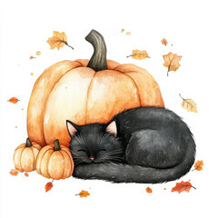 Wall Mural - A cute watercolor set featuring a black cat curled up beside a large pumpkin, with tiny pumpkins and autumn leaves scattered around. The hand-drawn illustrations on a white background create a cozy