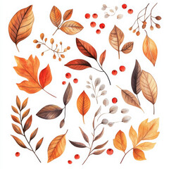 Wall Mural - A cute watercolor illustration set of autumn leaves in warm shades, paired with vibrant red berries and delicate fall flowers. This sticker-style design on a white background is perfect for seasonal