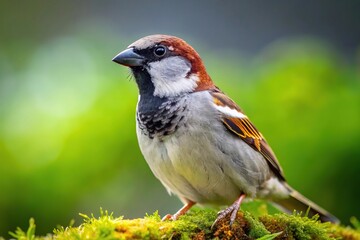 Wall Mural - Cute house sparrow perched on a branch with black and white background