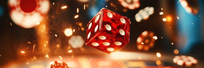 Poster - Red dice fly through the air over a craps table, surrounded by scattered chips in an energetic casino atmosphere. Generative AI