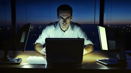 Canvas Print - Man working late at night in an office with a city view.