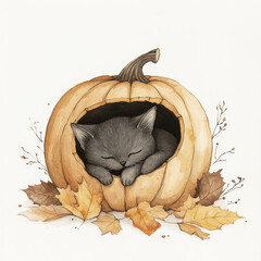 Wall Mural - A cute watercolor illustration of a sleepy black cat nestled inside a hollow pumpkin, surrounded by autumn leaves. The humorous hand-drawn design on a white background makes it ideal for cozy