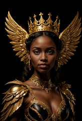 black woman with gold wings and gold crown on black background cinematic light