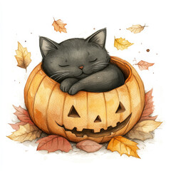 Wall Mural - A cute watercolor illustration of a sleepy black cat nestled inside a hollow pumpkin, surrounded by autumn leaves. The humorous hand-drawn design on a white background makes it ideal for cozy