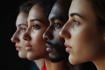 Multi-ethnic beauty and friendship. Group of beautiful different ethnicity women on background, Diversity, beauty and portrait of women from above with smile, self love and solidarity in studio. 
