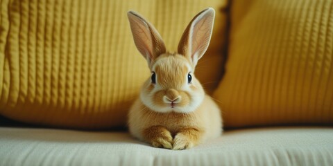 Adorable Bunny Sitting Next to a Yellow Couch