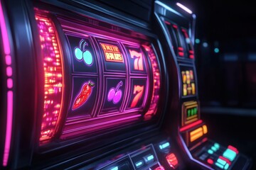 Fototapete - Spinning reels on a slot machine display classic symbols like cherries and sevens, illuminated by colorful neon lights in a lively casino. Generative AI