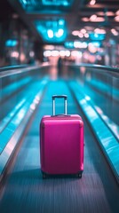 Poster - Pink suitcase is standing on a moving travelator in an airport terminal, ready for a business trip or holiday vacation