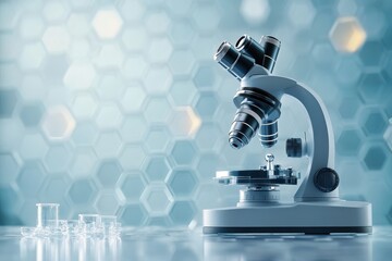Poster - a laboratory microscope positioned on a bright, hexagonal-patterned background in a research setting