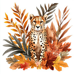 Wall Mural - A graceful cheetah crouched among colorful autumnal jungle plants, with large tropical leaves framing the scene. The watercolor illustration is isolated on a white background for a safari-themed