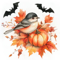 Wall Mural - A charming watercolor scene featuring a bird nestled among orange and red autumn leaves, with Halloween elements like a ghostly bat or tiny pumpkin. The isolated clipart on a white background is