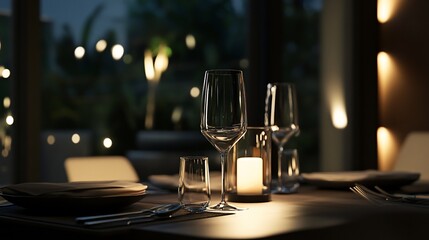 a table setting for two with wine glasses and candles in a dimly lit restaurant.