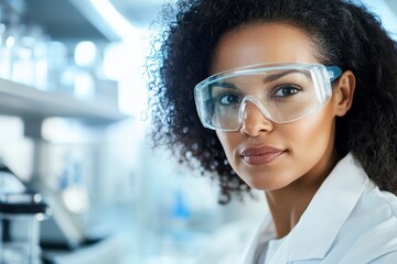 Confident female scientist in lab with safety goggles