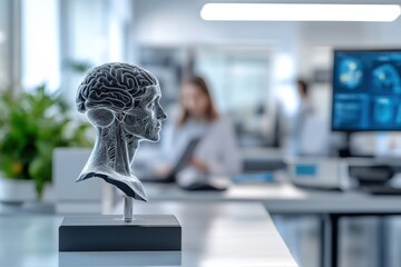 Poster - a detailed brain sculpture displayed in a modern research lab during the afternoon hours