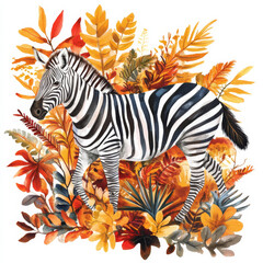Wall Mural - A vibrant zebra walking through a mix of tropical leaves and fall-colored plants, hand-painted in watercolor. The isolated design on a white background brings out the beauty of the African savannah.