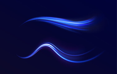 Blue glowing shiny lines effect vector background. Luminous white lines of speed. Light glowing effect. Light trail wave, fire path trace line and incandescence curve twirl.