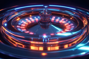 Poster - Glowing neon numbers illuminate a roulette table as players eagerly place their bets at a bustling casino. Generative AI