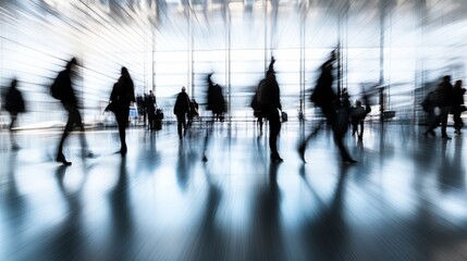 Poster - Travelers rushing through a modern airport terminal, conveying urgency and purpose in a fast paced, dynamic atmosphere