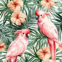 Wall Mural - A seamless watercolor pattern featuring pink cockatoos amidst a backdrop of tropical palm leaves and flowers. The rich tropical design creates an exotic, elegant floral background for summer-themed