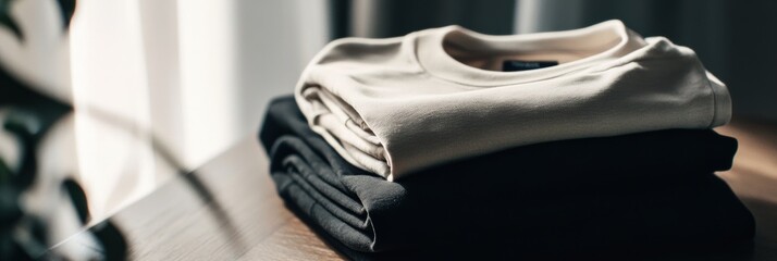 Aufkleber - Folded sportswear in neutral tones rests on a smooth table, illuminated by soft natural light, creating a serene and organized ambiance. Generative AI
