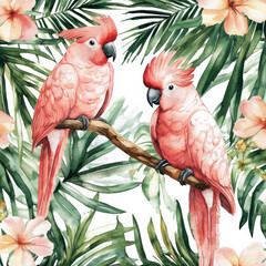 Wall Mural - A tropical watercolor pattern showcasing pink cockatoos, palm leaves, and delicate flowers arranged in a seamless design. The elegant birds and flora create a stunning, bold tropical background ideal