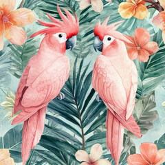 Wall Mural - A seamless watercolor pattern featuring pink cockatoos amidst a backdrop of tropical palm leaves and flowers. The rich tropical design creates an exotic, elegant floral background for summer-themed