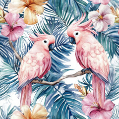Wall Mural - A tropical watercolor pattern showcasing pink cockatoos, palm leaves, and delicate flowers arranged in a seamless design. The elegant birds and flora create a stunning, bold tropical background ideal