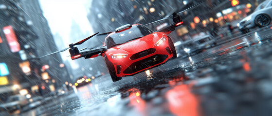 Poster - red flying car navigates through rainy city street, showcasing futuristic transportation technology. scene captures essence of smart city with drones and automated vehicles